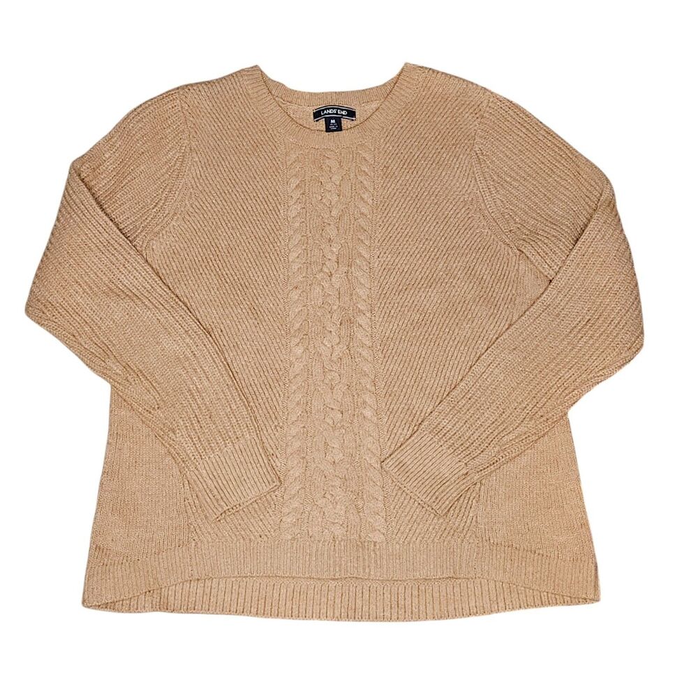 Lands End Womens M Heather Brown Cable Knit Sweater Chunky Fisherman Preppy Cozy